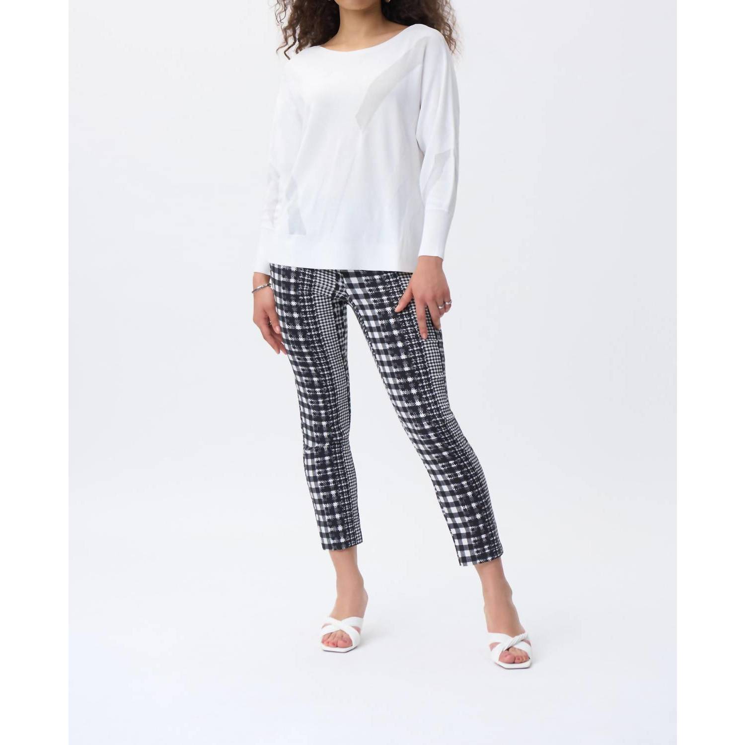 New Joseph Ribkoff Cropped Gingham Print Pull-On Pants In 1846-Vanilla/Black